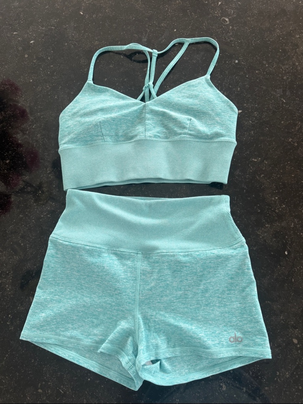ALO Yoga set Strappy Sports Bra & Ribbed High-Waist Shorts in Aqua Teal